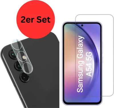 Produktbild von CLM-Tech 2er Set Displayschutzfolie kompatibel mit Samsung Galaxy A54 5G - 1X Panzerfolie + 1X Kameraschutz Kameraglas Panzerglas Crystal Clear Displayschutz 9H Glas Displayfolie Schutzglas Folie kristallklar