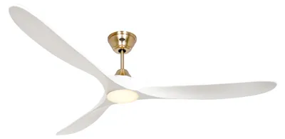 Productafbeelding van Energiezuinige plafondventilator met LED-verlichting en afstandsbediening, model Eco Genuino-L, met een afwerking in geborsteld messing/mat wit, diameter 180 cm