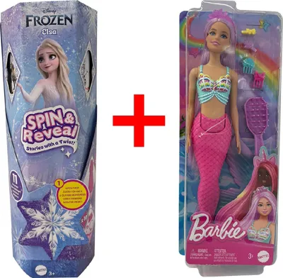 Produktbild von 2er-Set Disney Frozen HTG25 Elsa-Puppe, 10 Überraschungen + HRR00 Barbie Meerjungfrau, bewegliche Schwanzflosse, Haar-Accessoires, Geschenk-Set