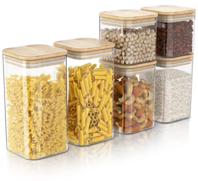 Produktbild von Arendo Vorratsdosen Glas 6er Set quadratisch, Frischhaltedosen aus Borosilikatglas, Bambusdeckel mit Silikondichtung, luftdicht, 2x 1 l, 2x 1,5 l, 2x 2 l, transparent