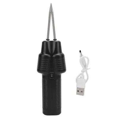 A black electric poultry defeathering tool and a white USB charging cable are shown on a white background.