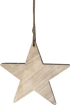 A single wooden star ornament hanging from a string against a white background.