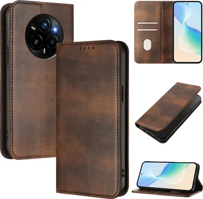 Immagine prodotto di Custodia per Realme 14 Pro+, custodia in pelle vintage con protezione RFID, slot per carte, supporto Marrone