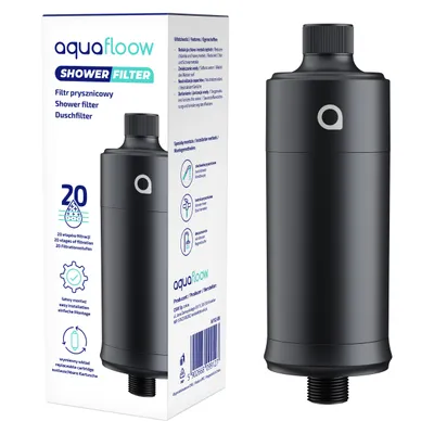 Obrázek produktu pro AquaFloow sprchový filtr černý matný – 20stupňová filtrace, redukce vápníku a chlóru, univerzální 1/2″ – 1 kus
