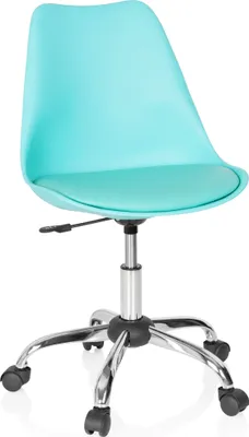 A turquoise office chair with a silver base and wheels, shown against a white background.