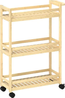 Produktbild von 3-stöckiger Servierwagen aus Bambus, Küchenwagen mit Rolle, Allzweckwagen mit Griff, Lagerwagen für Büro, Wohnzimmer, Küche, 55 x 20 x 75 cm,