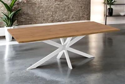 Produktbild von Esstisch 240x100 cm Baumkante Holz Wildeiche-Optik Spider-Gestell Metall weiß JOSY