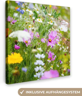 Produktbild von MuchoWow® - Leinwandbilder - Blumen - Natur - Grün - Gras - Lila - Weiß, Wandbild, Wanddeko Bilder Wohnzimmer, 90x90 cm