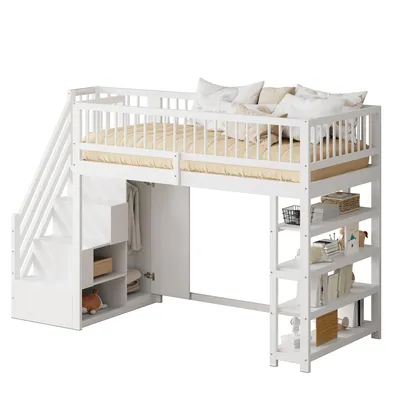 Produktbild von okwish Hochbett 90×200 mit Kleiderschrank, Kinderbett mit Regalen und Sicherheitsgeländer, Einzelbett mit Stauraumleiter,Weiß, ohne Matratze