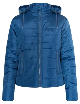 Produktbild von Damen gesteppte, dünn gefütterte blaue Jacke Größe S mit abnehmbarer Kapuze