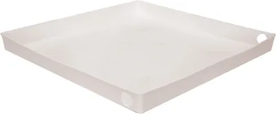 A white plastic drip tray for a washing machine, shown from a slightly elevated angle against a white background.