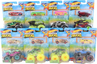 A collection of Hot Wheels Monster Trucks toy vehicles in their original packaging, arranged in two rows.