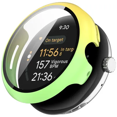 A close-up, angled view of a smartwatch with a protective case.