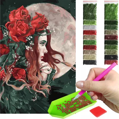 Produktbild von ARTULIO - Diamond Painting Set - Frau mit roten Rosen und Mond - 60 x 40 cm - Groß XXL - Crystal Art, Home Wand Deko