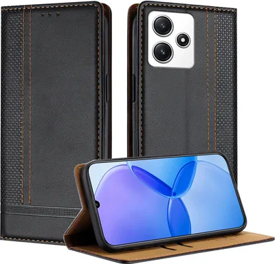 Produktbild von Handyhülle für Xiaomi Poco M6 Pro 5G/Redmi 12/Note 12R Leder Flip Klappbare Schutzhülle mit Standfunktion Schwarz
