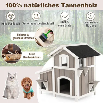 Produktbild von Katzenhaus Outdoor 2-stöckige Katzenhütte Katzenvilla mit Asphaltdach Grau 100 x 64 x 82,5 cm