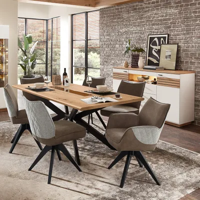 Produktbild von Esszimmer Set, weiß mit Eiche, FALLON-55, modern, 2-teilig, inkl. Beleuchtung