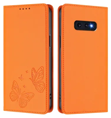 Obrázek produktu pro Kožené pouzdro pro Samsung Galaxy S10E, motýlí ražbou, peněženkové flip pouzdro se stojánkem Oranžová