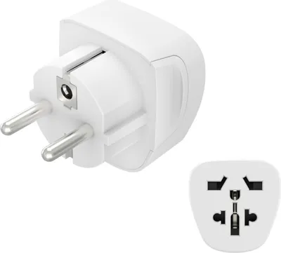 A white travel adapter with two different plug types shown.