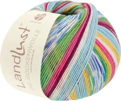 Produktbild von Lana Grossa - Landlust die Sockenwolle 0711 hellblau gelb maigrün jeans ecru lachsorange dunkelfuchsia gestreift