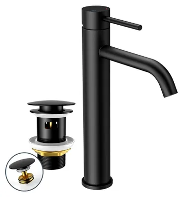 Produktbild von Badarmatur mit Ablaufgarnitur, Hochdruck-Waschtischarmatur in Schwarz mit einer Auslaufhöhe von 190 mm, Einhebelmischer für Waschbecken im Badezimmer