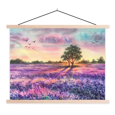 Produktbild von MuchoWow® Textilposter Lavendel - Farbe - Vögel - Bäume - Lila 40x30 cm mit holzfarbenen Rahmen - Bilder