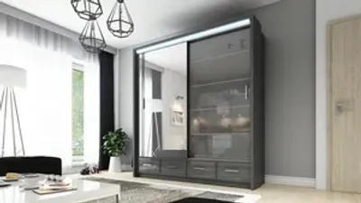 Zdjęcie produktu dla NOWOCZESNA Szafa przesuwna Sycylia 200 szara połysk Z LUSTREM + LED GRATIS
