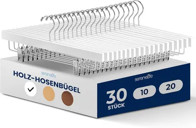 Produktbild von SereneLife Kleiderbügel Holz, Hosenbügel Klemmbügel 30 Stück mit verstellbaren Clips & Drehhaken, Kleiderbügel Platzsparend, Hosen - Weiß