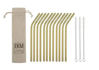 Produktbild von EKM Living Edelstahl Strohhalme 12er Set Gold gebogen GmbH, Trinkhalme, bruchfest, wiederverwendbar, spülmaschinengeeignet, plastikfrei (Gold gebogen, 12)