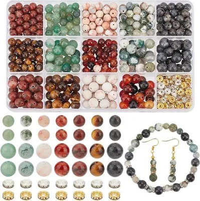 Produktbild von Naturkristall-Set für Schmuckherstellung - 14 Stile von 6/8 mm runden Kristallen und Metall-Steckern