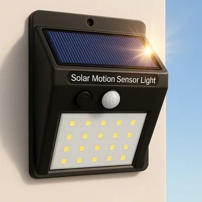 A black solar-powered motion sensor light is mounted on a light-colored wall, with a bright sun shining in the upper right corner and a blue sky in the background.