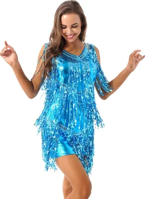 Immagine prodotto di Donna Paillettes Taglia M Abito Salsa Rumba Danza del Ventre Abito Metallico Abito da Ballo Lucido per Festa