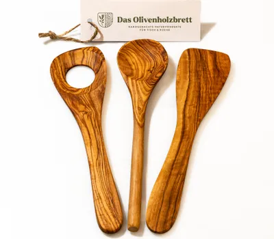 Produktbild von 3er Set Pfannenwender, Kochlöffel, Risottolöffel aus Olivenholz 35 cm