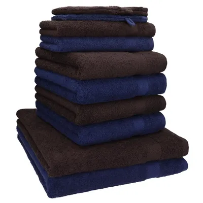 Produktbild von Betz 10-tlg. Handtuch-Set PREMIUM 2 Duschtücher 4 Handtücher 2 Gästetücher 2 Waschhandschuhe  Farbe:  dunkel blau & dunkel braun