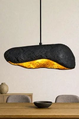 Produktbild von Opviq, Elegante Pendelleuchte aus Carbonbeton, Schwarz und Gold, Höhenverstellbar 20-60 cm, Ø33 cm, E27 Fassung, Max 40 W, Modernes Design für stilvolle Räume.