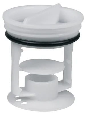 A close-up studio shot of a white washing machine drain pump filter insert.