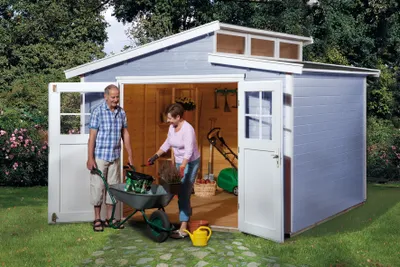 Produktbild von WEKA 226.3030.15400 Gartenhaus/Blockbohlenhaus Luna mit Doppeltür ; Größe: 4 ; Farbgebung: Grau ; Wandstärke: 21 mm ; Maße (LxBxH): 299 cm x 295 cm x 252 cm ; Seitenwandhöhe: 197 cm