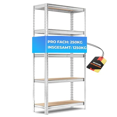A silver metal shelving unit with wooden shelves against a white background.