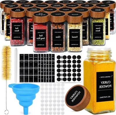 Zdjęcie produktu dla Kwadratowe pojemniki na zioła z drewnianymi pokrywkami i etykietami do przechowywania ziół, 24 sztuki, 120 ml, lejek do filtrowania, szczoteczka do czyszczenia, pojemniki na zioła z etykietami