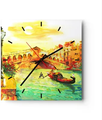 Produktbild von Wanduhr - Quadrat - Glasuhr - Venedig Gondel - 30x30cm - Schleichendes Uhrwerk - Lautlos - zum Aufhängen bereit - Dekoration Modern - Wanddekoration aus Glas - C3AC30x30-3841
