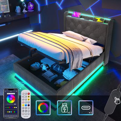 Łóżko tapicerowane Flieks 90x200cm z funkcją ładowania (USB&Typ-c), łóżko młodzieżowe, łóżko pojedyncze, schowek z LED, łóżko na sprężynach hydraulicznych, pościel, szary