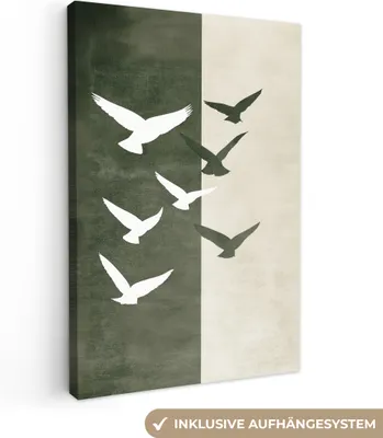 Produktbild von Leinwand Bilder 60x90 cm - Japandi - Vögel - Beige - Grün, Bild Modern, Wanddeko, Gemälde