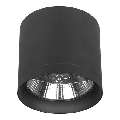 A black cylindrical ceiling light fixture with a reflective interior.