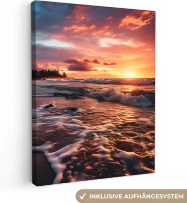 Produktbild von MuchoWow® - Leinwandbilder - Sonnenuntergang - Strand mit Palmen - Meer, Wandbild, Wanddeko Bilder Wohnzimmer, 30x40 cm