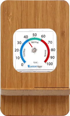 Produktbild von Hygrometer in Holzrahmen Braun Analog zum hinstellen Innen Zimmer Luftfeuchtemesser Kunststoff mit Holzständer Luftfeuchte 0 bis 100% rel. Raumklima