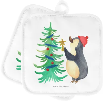 Produktbild von Mr. & Mrs. Panda Topflappen Pinguin Weihnachtsbaum - Weiß - Geschenk, Weihnachten, Topfuntersetzer, Ofenlappen, Kochlappen, Winter, topfhalter, Set