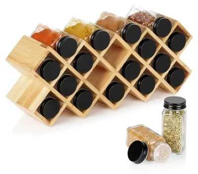 Zdjęcie produktu dla Stojak na przyprawy z bambusa z 18 szklanymi słoikami, 42x10x17 cm