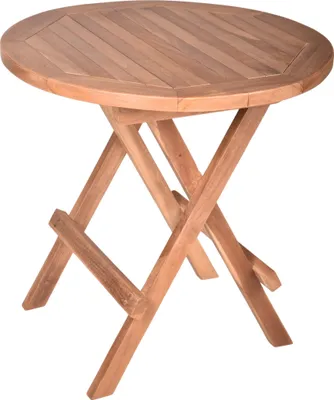 A round wooden folding table on a white background.