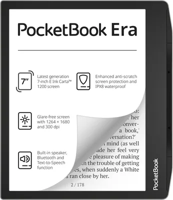 A product marketing image for the PocketBook Era e-reader, showcasing its features.