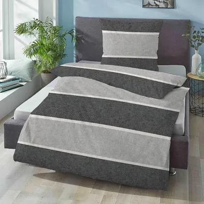 Produktbild von Biberna Melange Flanell Bettwäsche Blockstreifen sturmgrau 135x200 cm + 80x80 cm